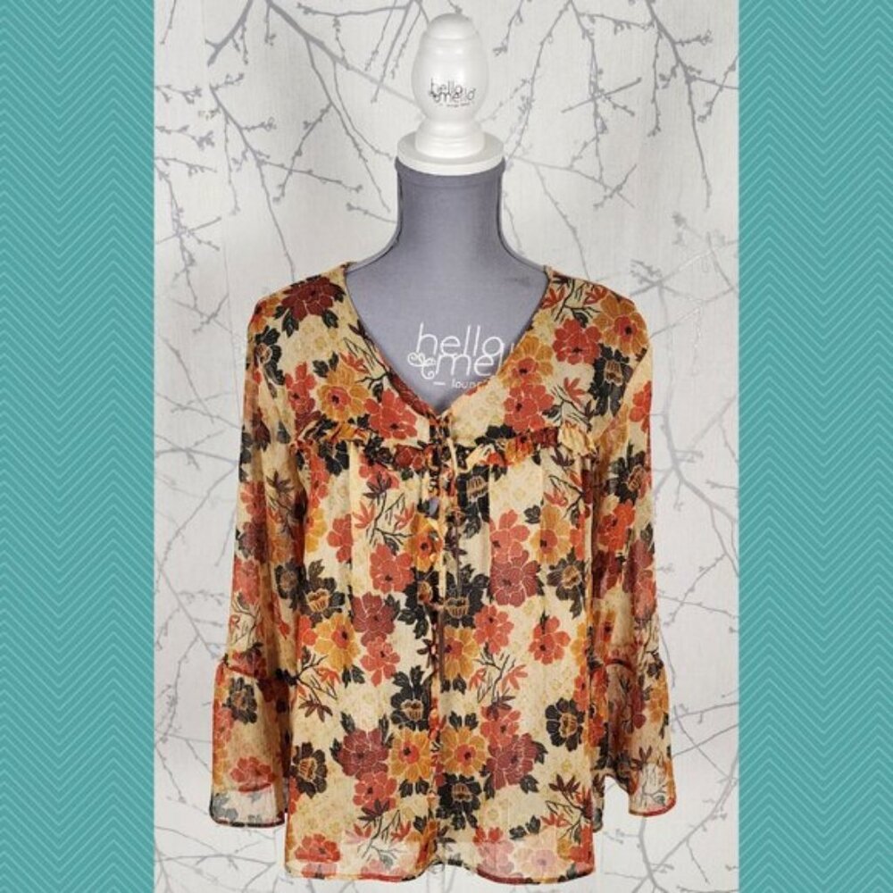 Zara Orange Floral Print Sheer Chiffon V-Neck Bell Sleeve Blouse